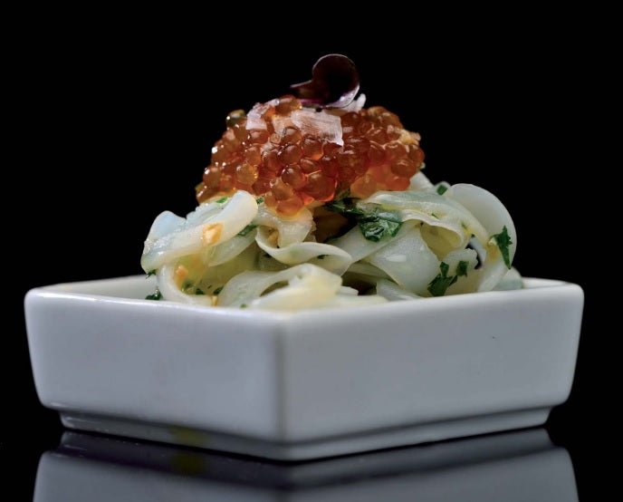 Tagliatelle di calamari in salsa mery e perlage di soia