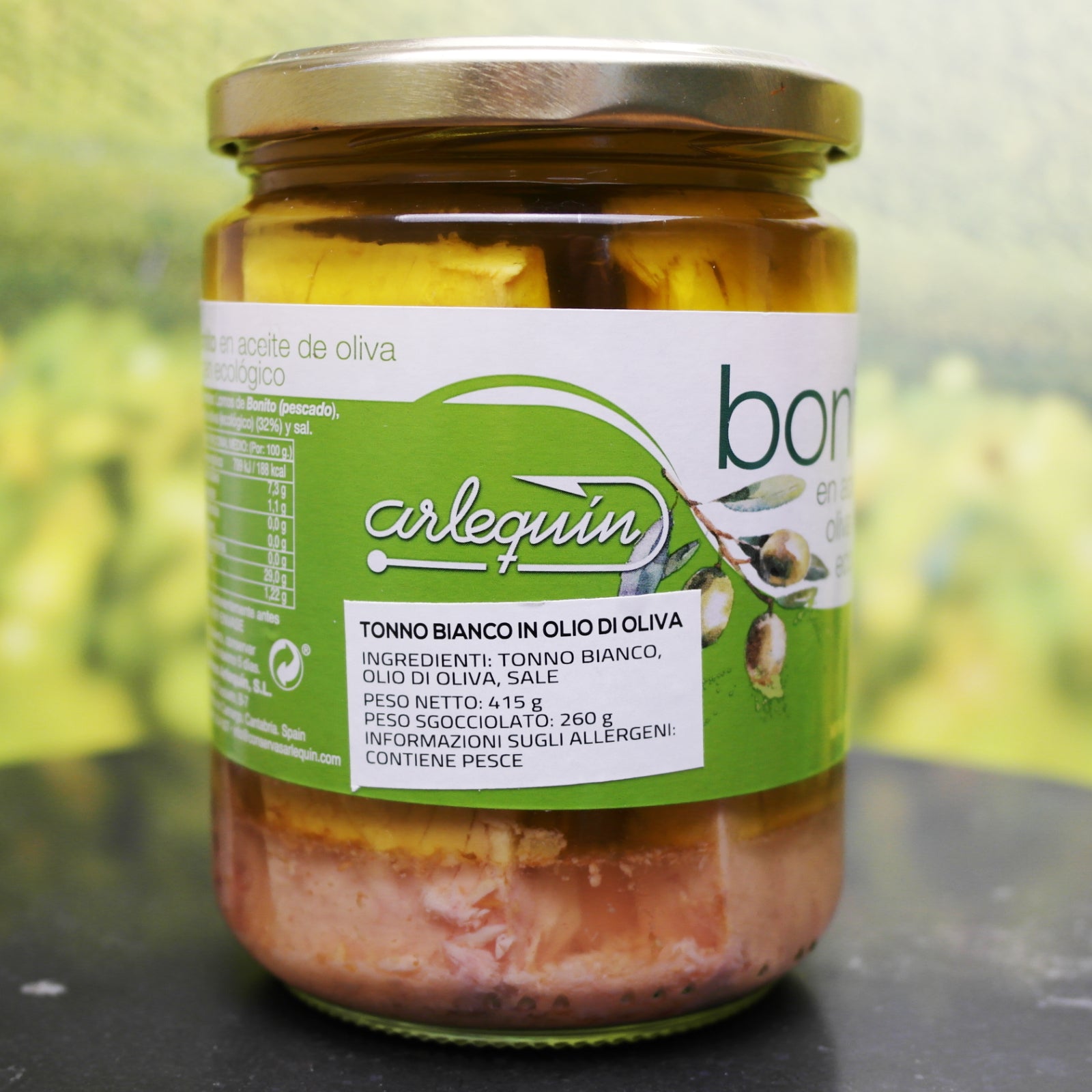 Tonno bianco (bonito del norte) Olio di oliva extra vergine in vetro 400/260g.